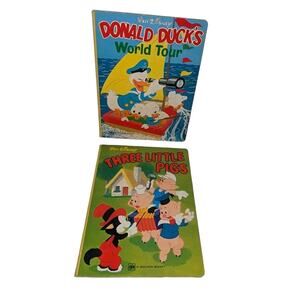 2 Vintage 1971 Walt Disney Golden Board Books Donald Duck Three Little Pigs Rare